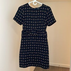 Club Monaco navy patterned short / mini dress with ruffle detail at waist